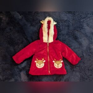 Red Hooded Jacket with Reindeer Pockets